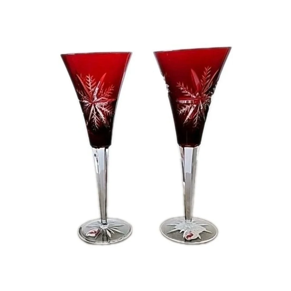 2 Waterford Ruby Red Snow Crystals Cut‎ to Clear Wine Champagne Flutes New